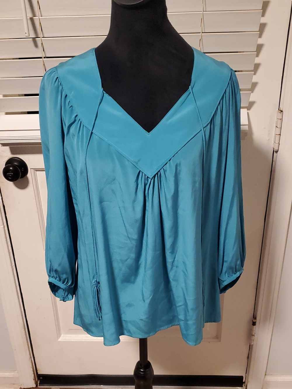 Annie Griffin Teal V-Neck Peasant Blouse